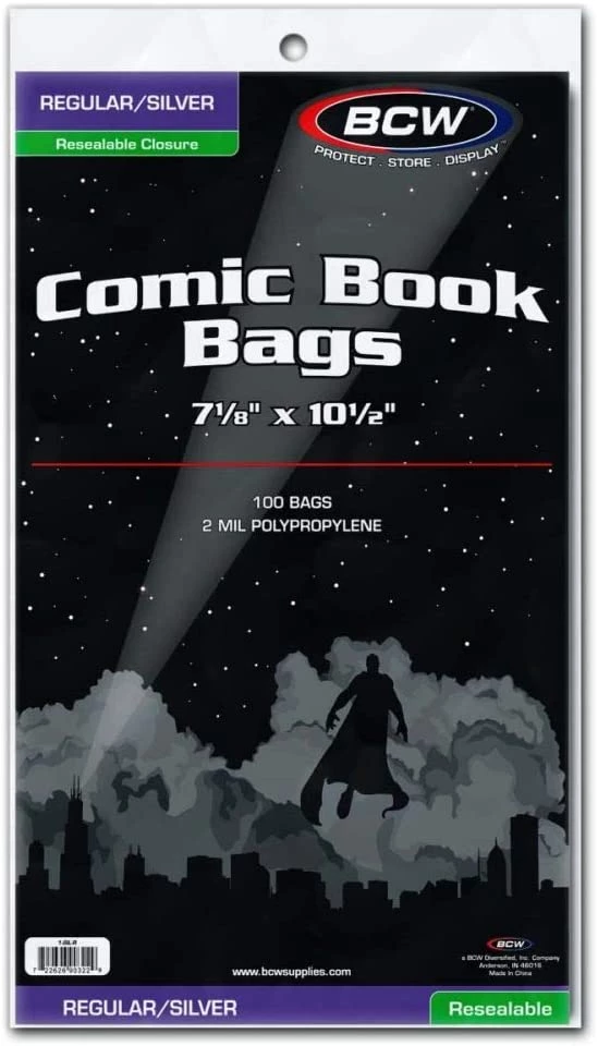 BCW Comic Book Bags, Regular/Silver, Resealable Closure, 7-1/8" X 10-1/2" 1 BCW Comic Book Bags, Regular/Silver, Resealable Closure, 7-1/8" X 10-1/2"