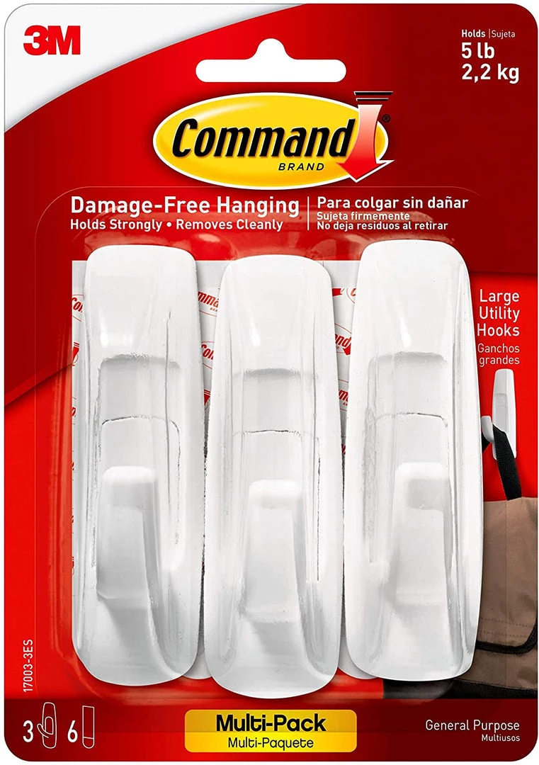 3M Command Large Utility Hook, White, 3-Hooks, 6-Strips (17003-3ES) 1 3M Command Large Utility Hook, White, 3-Hooks, 6-Strips (17003-3ES)