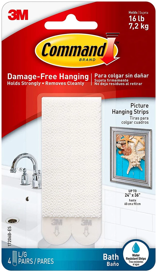 3M Command Bath Large Picture Hanging Strips, White, 4-Water Resistant Strips, Organize Damage-Free Outdoor Recreation 1 3M Command Bath Large Picture Hanging Strips, White, 4-Water Resistant Strips, Organize Damage-Free Outdoor Recreation
