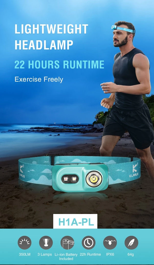 Headlamps Klarus H1A-PL Lightweight 350 Lumens Running LED Headlamp, 64 Grams 1 Headlamps Klarus H1A-PL Lightweight 350 Lumens Running LED Headlamp, 64 Grams